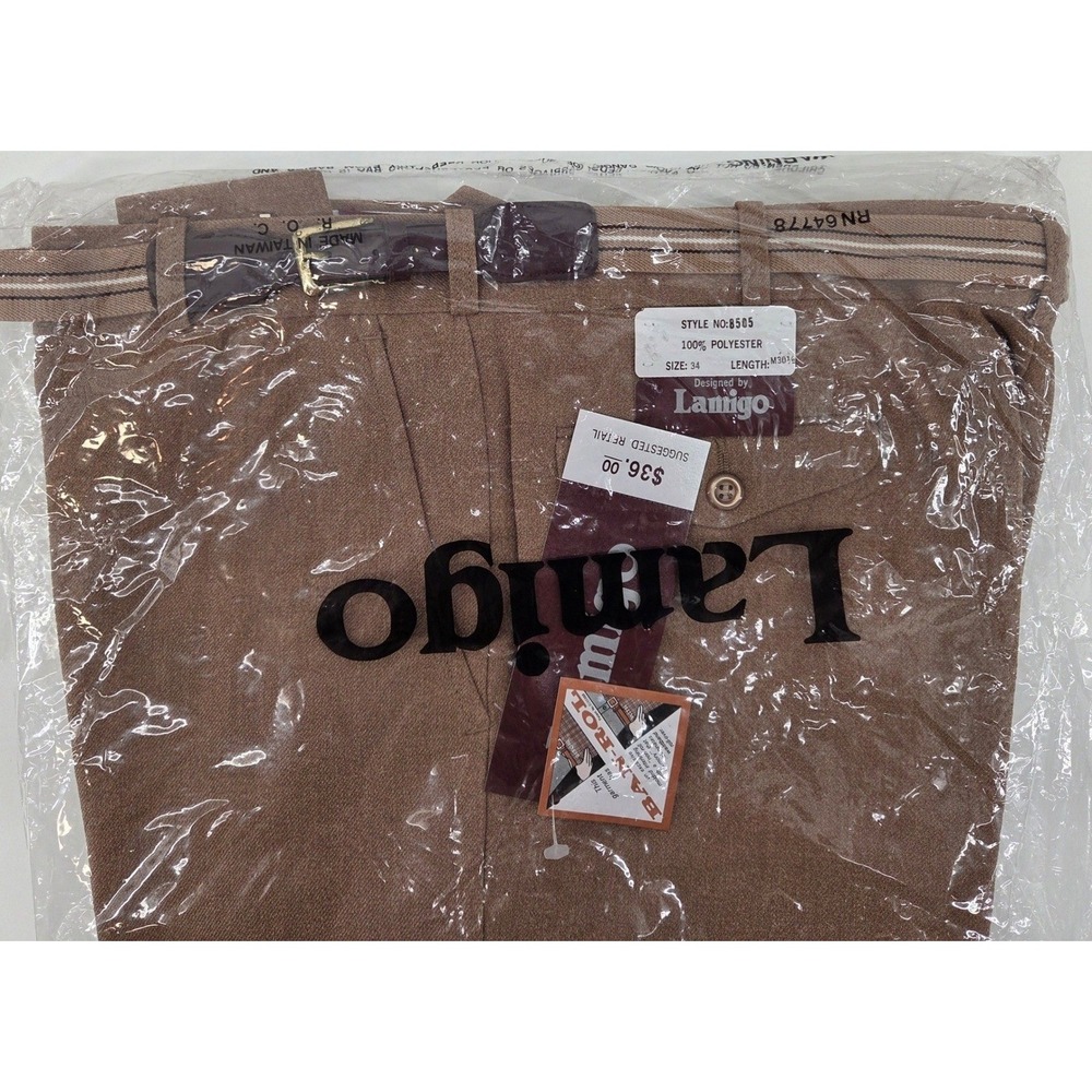 VTG Lamigo Trousers Mens 34 Brown Polyester Ban Rol Belted Retro Dead Stock‎ 70s